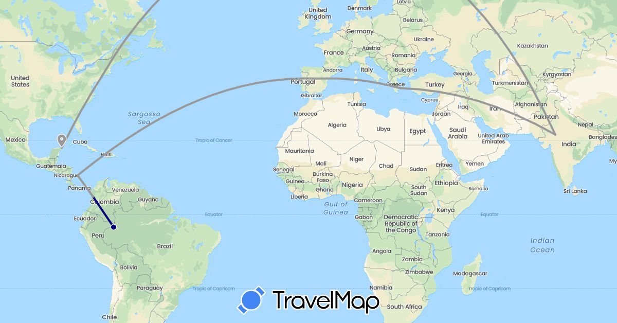 TravelMap itinerary: driving, plane in Colombia, Spain, Greece, India, Mexico, United States (Asia, Europe, North America, South America)